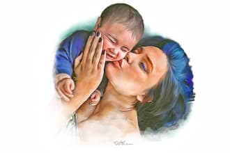 draw a digital watercolor family mother day gift