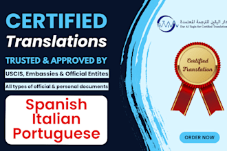 do certified  spanish to english, english to spanish translation italian portugu