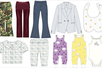 draw technical flat sketch and tech pack for cloth manufacturing or presentation