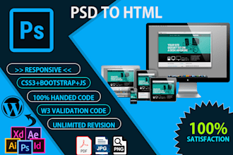 convert PSD to HTML css3 bootstrap js and responsive wordpress website