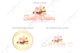 do custom cakes dessert and bakery logo with watercolor