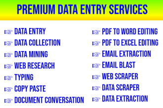 do data entry, email extraction, web and data scraper, pdf document conversion