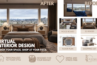 design your room with 3d render, mood board and shopping list