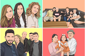 draw a family or a group into vector cartoon portrait