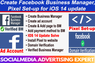 create facebook business manager, ad account and install fb pixel