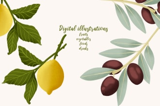draw a color illustration of any fruits, plants and food