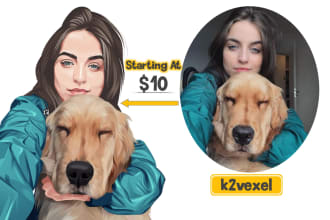 draw family, couple, pet with owner vector cartoon illustration from photo