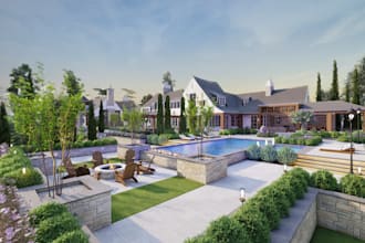 design front garden, backyard, swimming pool, villa landscape