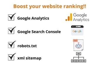 setup google analytics , robots txt, search console, sitemap