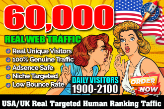drive 60,000 USA, UK organic targeted real visitors to your website