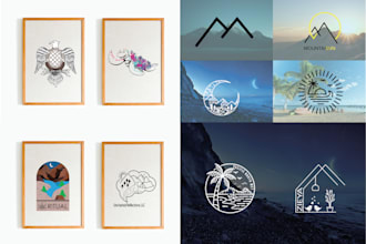 do modern line art text, badge, sticker or logo design