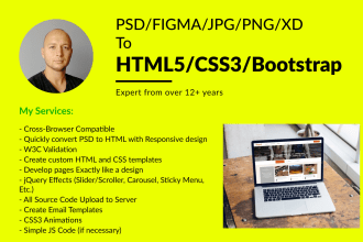 convert PSD to HTML5 css3 bootstrap js responsive figma to HTML website