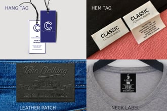 design swing tag or hang tag, woven label or hem tag, neck label, leather patch