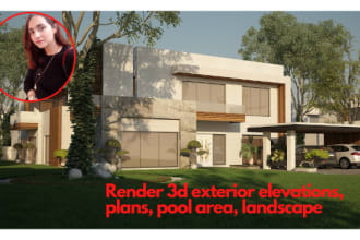 render 3d exterior elevations, plans, pool area, landscape
