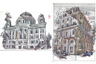 hand drawn architecture drawing sketch concept illustrations