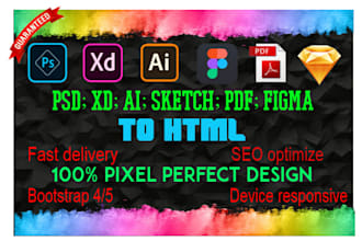 convert PSD, ai, xd, and multi page designs to pixel perfect, responsive website