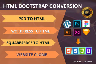 convert PSD to HTML CSS bootstrap javascript website or clone website