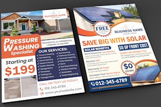 design flyer, door hanger, postcard, for pressure washing, solar, lawn care