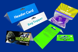 design header card, bag topper, packaging label