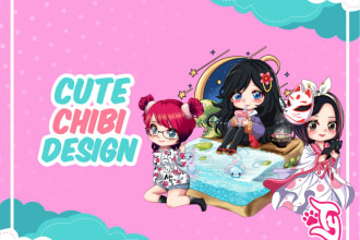 draw cute chibi adorable illustration characters with cool objective background