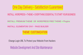 install wordpress, elementor, and divi theme and do customization