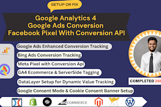 setup or fix google analytics 4 ecommerce,ads conversion tracking,meta pixel GTM