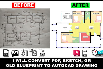 redraw blueprint house plans and 2d floor plan or pdf to cad