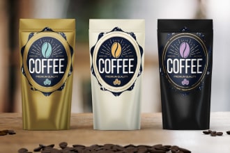 design packaging labels for coffee, perfume, shampoo, food
