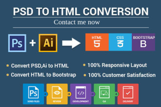 convert PSD to HTML, CSS, js, jquery, bootstrap, sass, es6, reactjs, and vuejs