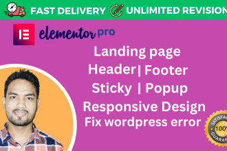 design and fix elementor landing page, header and footer