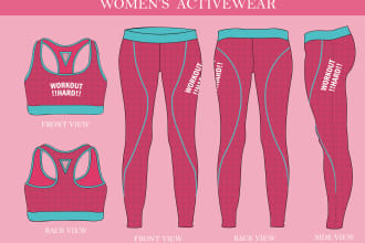 design activewear and sportswear tech pack and flat sketch