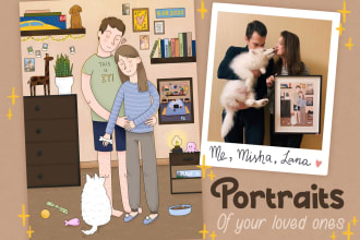 draw cute detailed illustration family portrait with pet