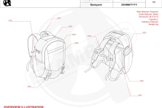 create tech pack for bags, backpack for manufacturing needs