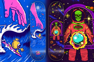 design artwork psychedelic, comic, skull for skateboards