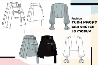 design fashion tech pack, cad sketches, and mockup