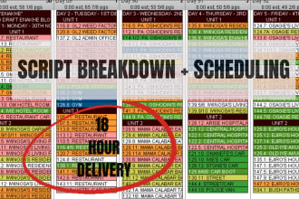 provide a script or film breakdown, and shooting schedule in movie magic