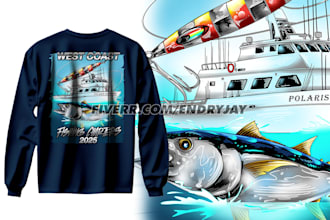 design fish hunting tshirt and outdoor boat illustration