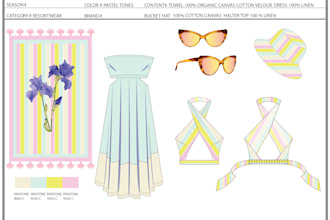 design beachwear, resortwear, dresses, sunglasses fashion tech packs