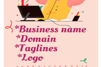 brainstorm 6 business names, domain, taglines and logo