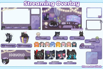 design a kawaii twitch overlay, panels, brb and more