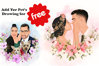 draw cute cartoon portrait for couple, family, wedding in 24h