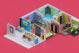 create 3d isometric room for website or landing page