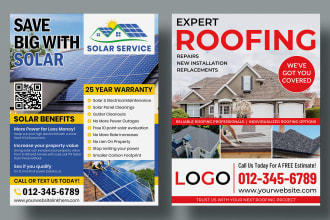 design flyer, postcard, door hanger for solar energy, roofing, house renovation