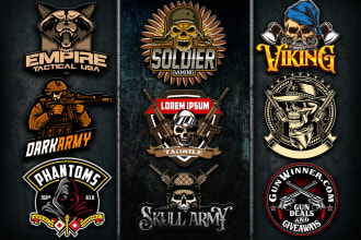 design a stunning skull, gun, army, viking and tactical logo