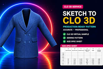 convert sketch to clo 3d, production ready pattern, and size spec sheet