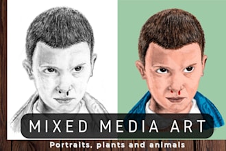 draw a mixed media portrait, animal or other illustration