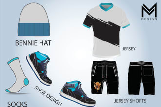 design sportswear like jersey, shoe, hat and teck pack