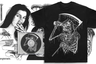 do detailed dark art illustration for merch and album