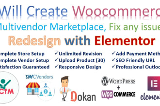 build wordpress woocommerce multi vendor marketplace, dokan, wcfm in elementor