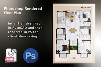 design 2d cad and photoshop rendered floor plan